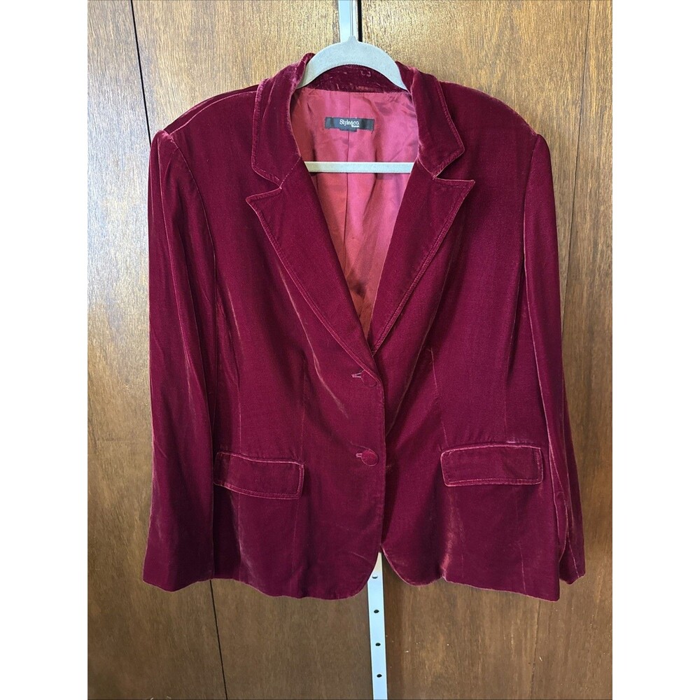 Style & Co Womens Blazer 20 Burgundy Velvet Button Up Pockets Whimsigoth Boho